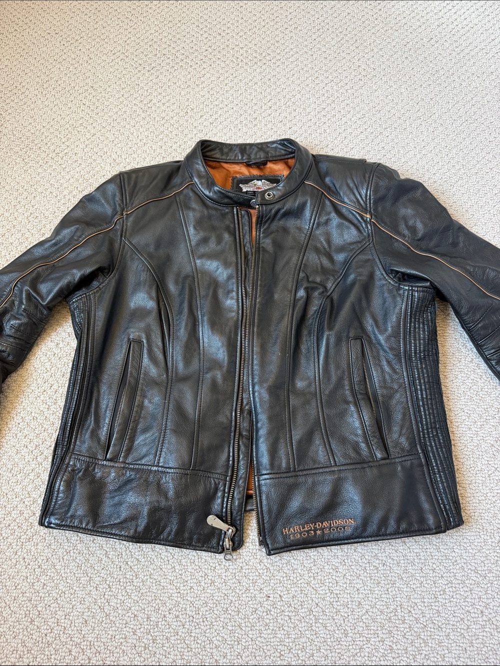 Harley-Davidson Black Leather Bomber Jacket with Brown Lining - Picture 5 of 7